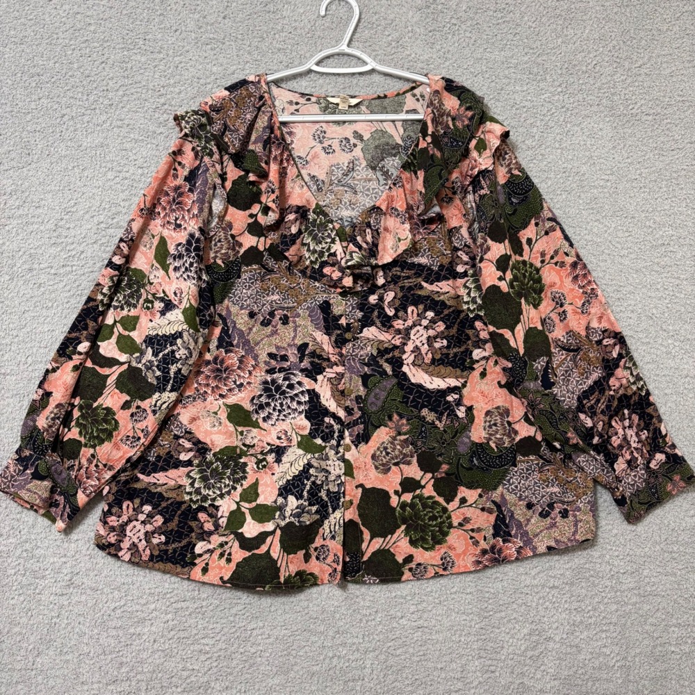 Work Casual Floral Button Front Blouse Cotton Blend‎ 3X Side Slits Ruffle V-Neck